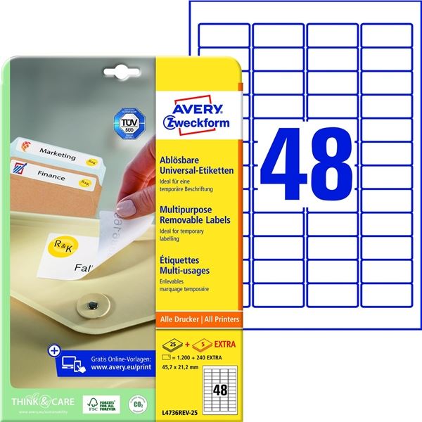 Ablösbare Etiketten, weiß, 45,7 x 21,2 mm, 1440 Stück