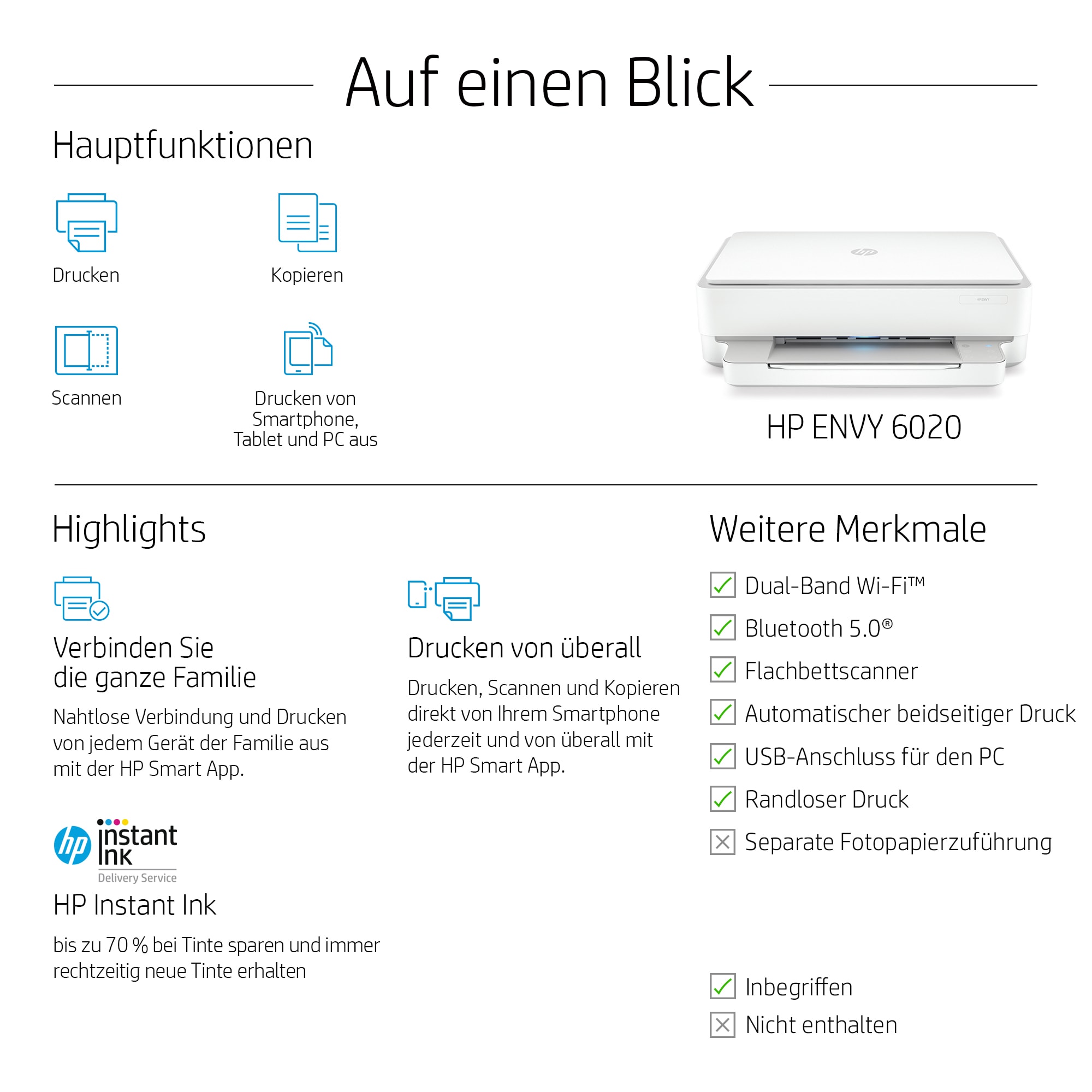 HP ENVY 6022 All-in-One Drucker, Zu Hause, Drucken, Kopieren, Scannen, Fotos