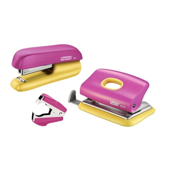 Locher + Hefter + Enthefter Mini-Set RAPID 5000371 rosa/gelb