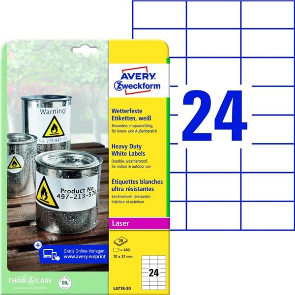 Größe von.PE-Etiketten. Avery Zweckform-weiß,70x37mm,480Stück
