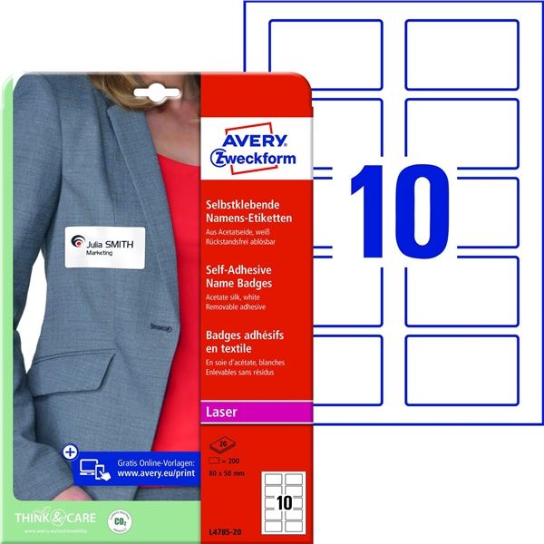 Selbstklebende Namensschilder, weiß, 80,0 x 50,0 mm, 200 Stück