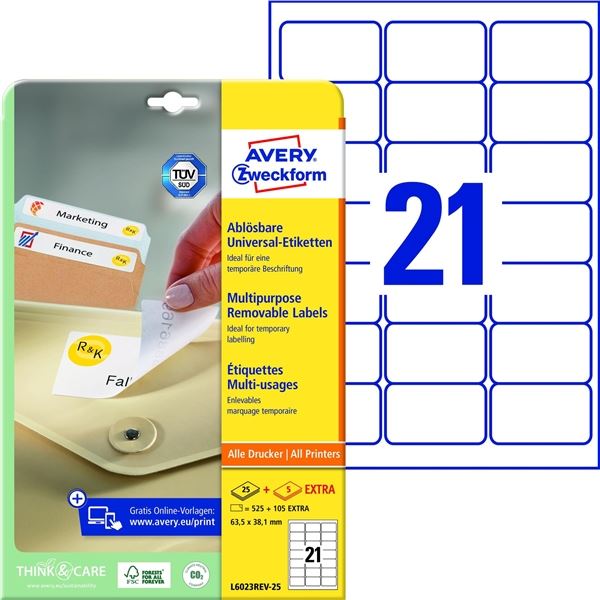 Ablösbare Etiketten, weiß, 63,5 x 38,1 mm, 630 Stück