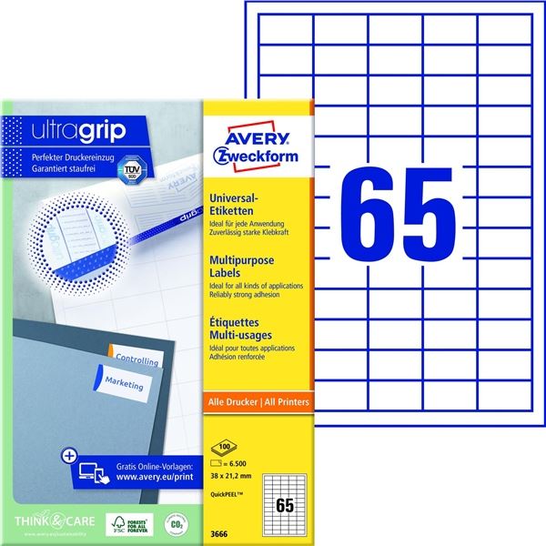 Universal-Etiketten 38 x 21,2 mm AVERY A4, 6500 Stück, weiß