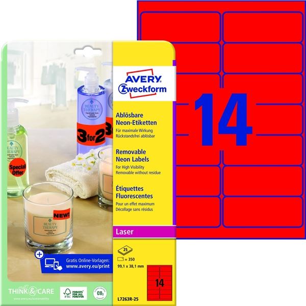 Neon-Etiketten, rot, 99,1 x 38,1 mm, 350 Stück