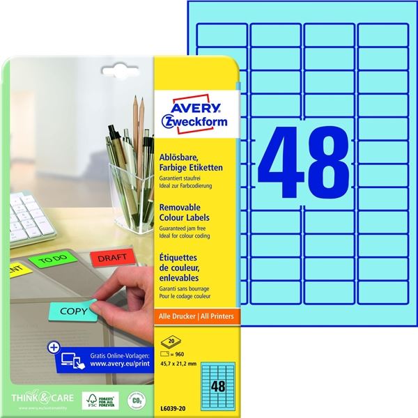 Ablösbare Etiketten, blau, 45,7 x 21,2 mm, 960 Stück