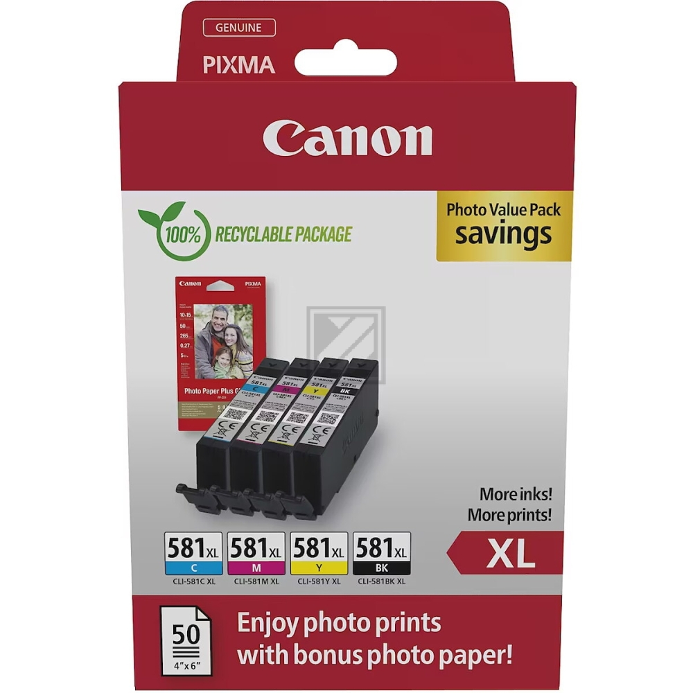 Canon Tintenpatrone + Papier gelb, magenta, schwarz, cyan (2052C006, CLI-581BKXL, CLI-581CXL, CLI-581MXL, CLI-581YXL)