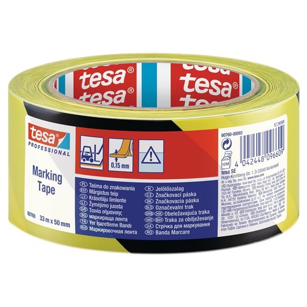 Selbstklebendes Markierungsband. Tesa® hart, PVC, 50 mm x 33 m, gelb-schwarz