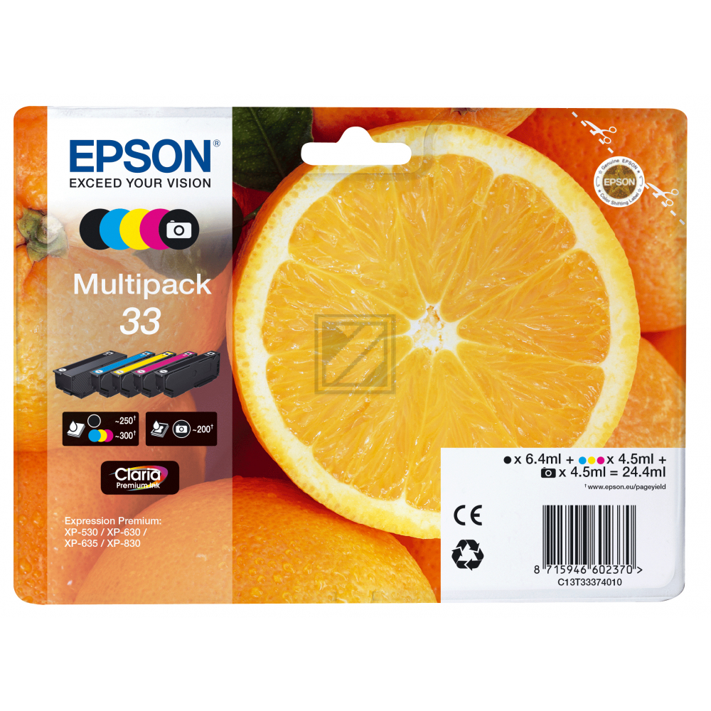 Original Epson C13T33374010 / 33 Tinte schwarz, cyan, magenta, schwarz pigment, gelb