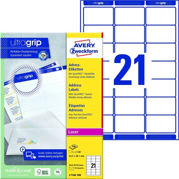 Adressetiketten, 63,5 x 38,1 mm, 2100 Stück